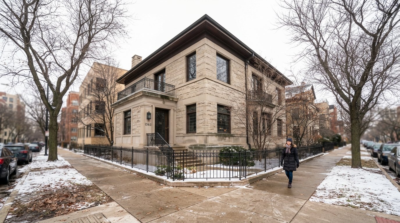 the Charnley-Persky House at 1365 N. Astor Street, a historic limestone facade seen from the corner with winter-bare trees and quiet sidewalks