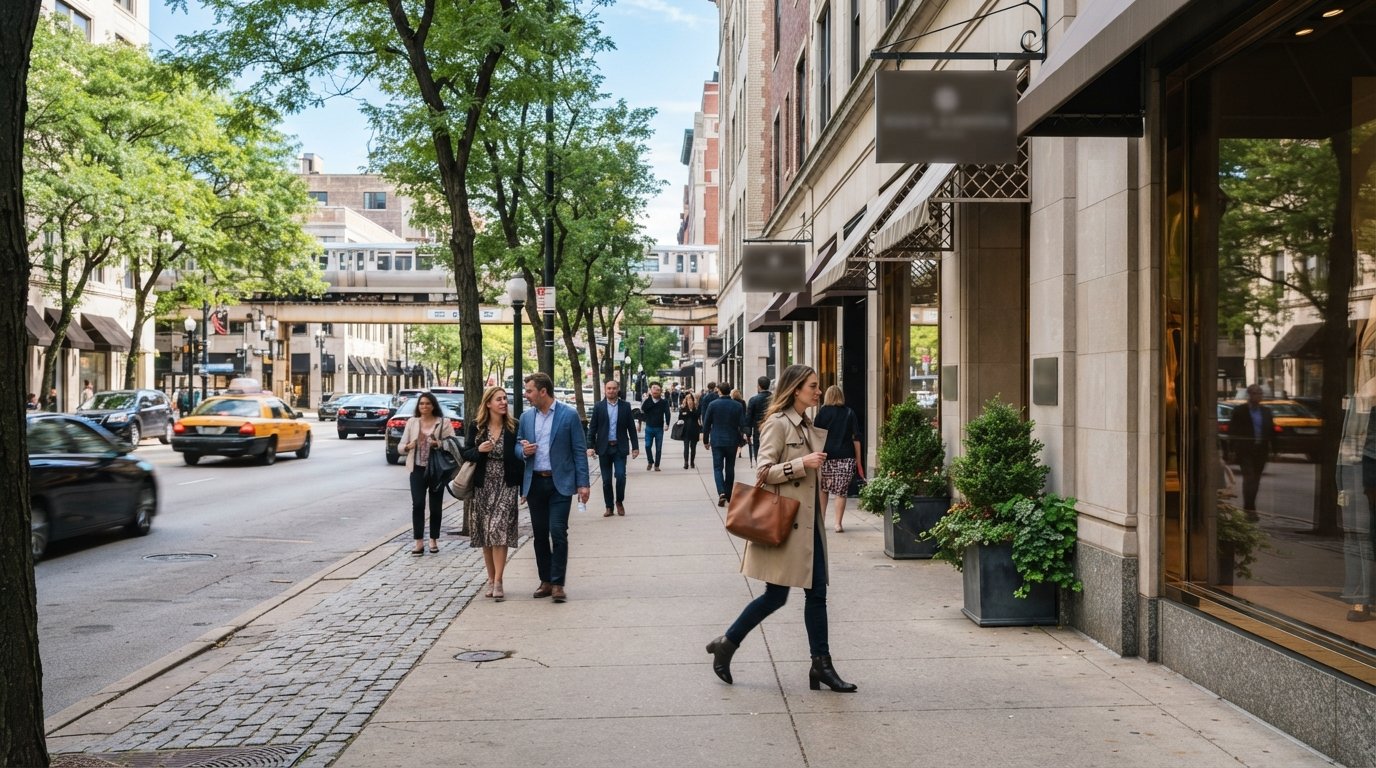 Oak Street luxury storefronts in the Gold Coast, polished window displays and tree-lined sidewalks on a bright afternoon