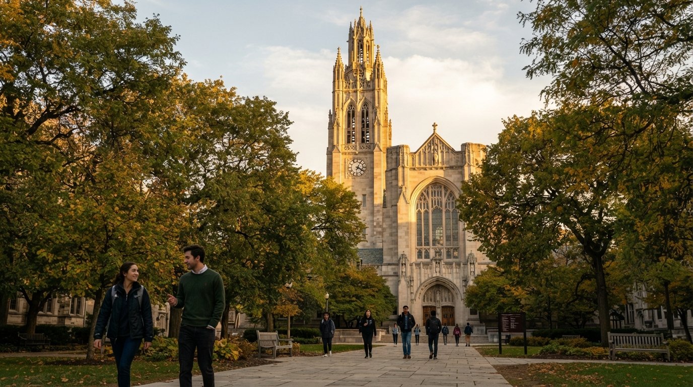 Rockefeller Memorial Chapel’s 200-foot Gothic tower and stone façade at the University of Chicago, late-afternoon light catching the carillon tower above the treetops