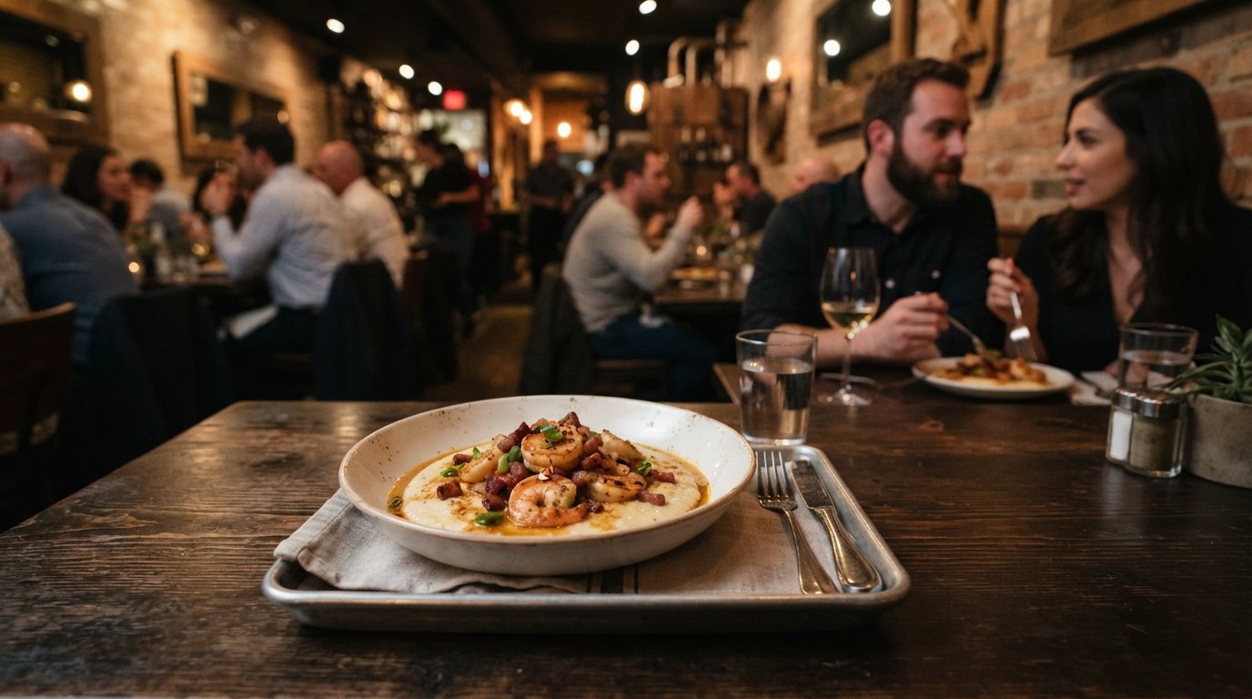 a warmly lit plate of shrimp and grits at Virtue Restaurant & Bar on 53rd Street, refined Southern plating on a dark table