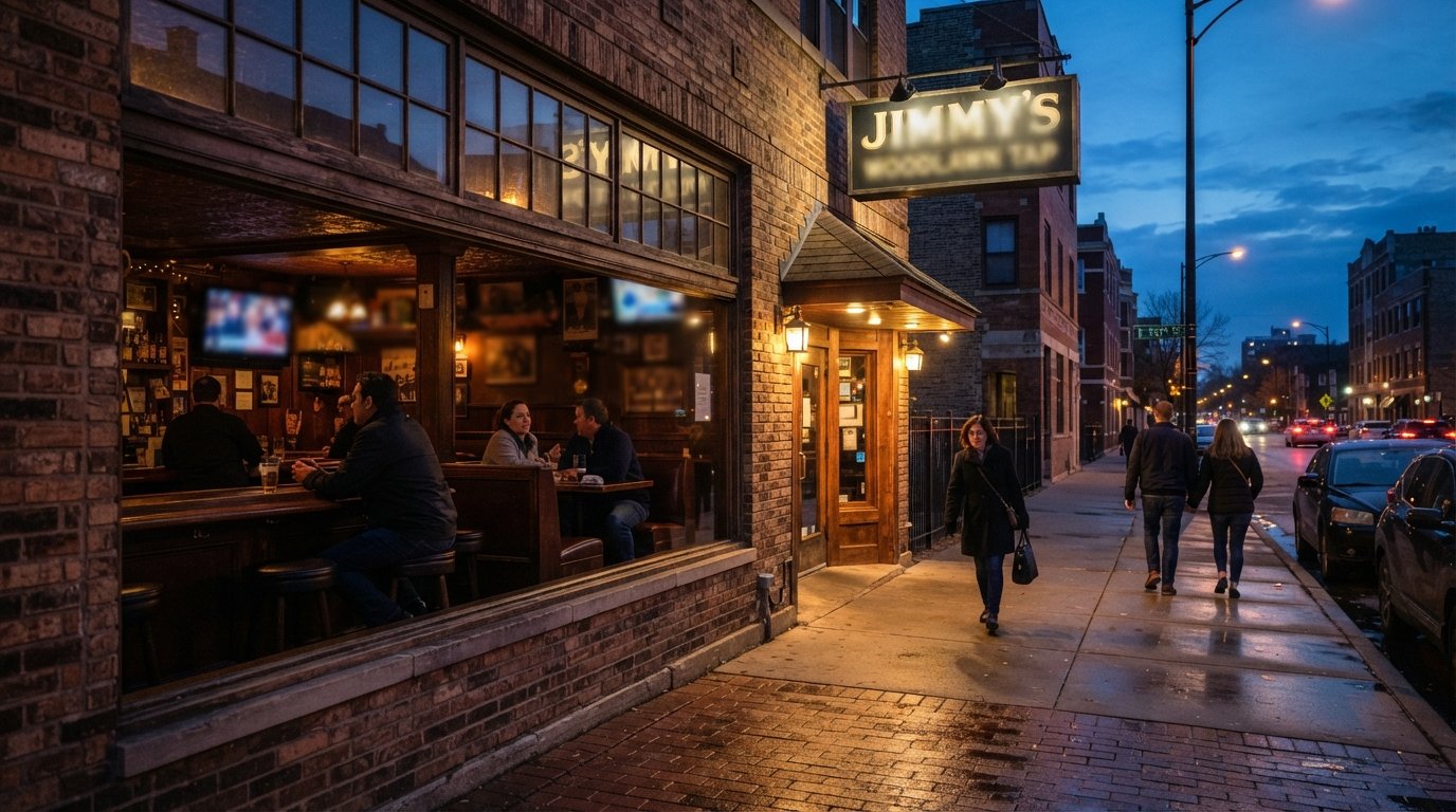 Jimmy’s Woodlawn Tap on 55th Street, glowing windows at dusk with a few patrons inside and the sidewalk outside in soft evening light