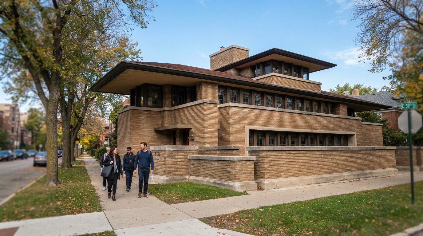 the Robie House on Woodlawn Avenue, Frank Lloyd Wright’s long horizontal Prairie-style lines and broad eaves in crisp daylight