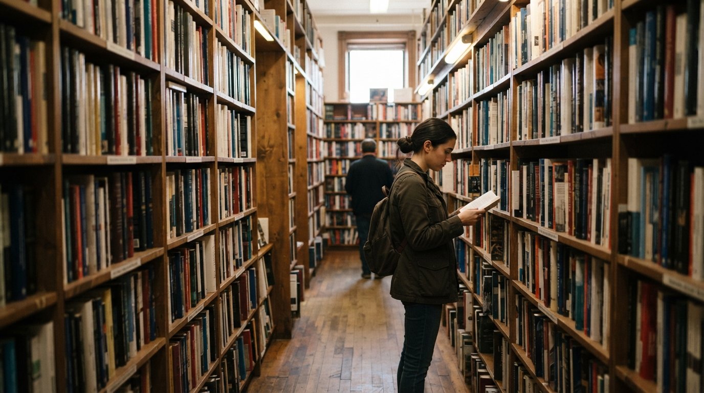 the interior of Seminary Co-op Bookstore, floor-to-ceiling academic shelves and warm reading light in a quiet aisle