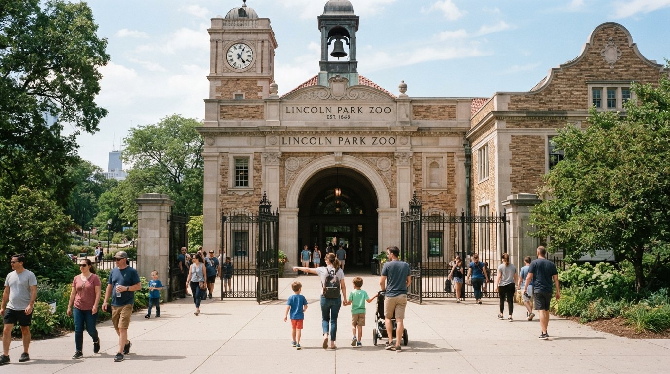 Lincoln Park Zoo’s historic Great Hall and Pepper Family Wildlife Center on a bright morning, with visitors entering the free zoo gates and the restored facade anchoring the scene