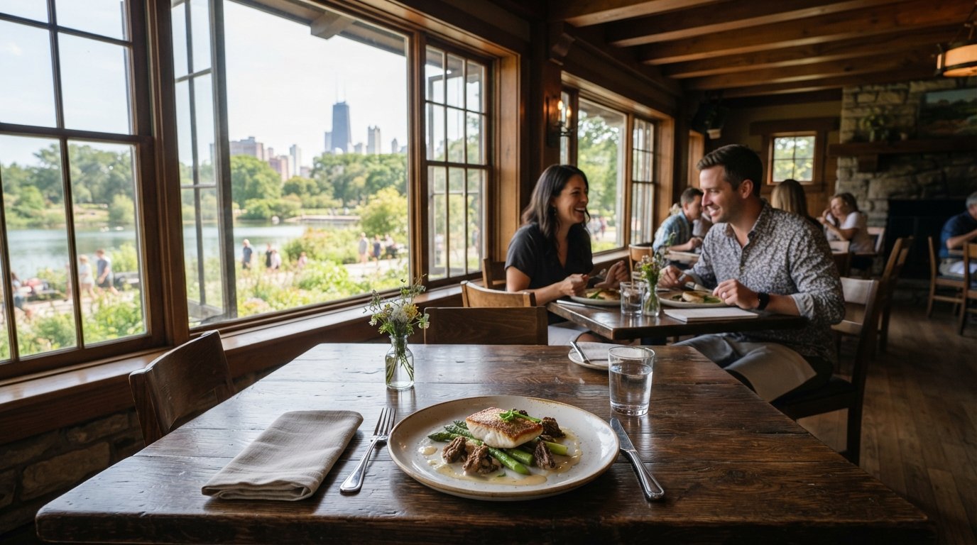 North Pond’s Arts-and-Crafts dining room overlooking the water, with a refined seasonal plate on the table and the park visible through the windows