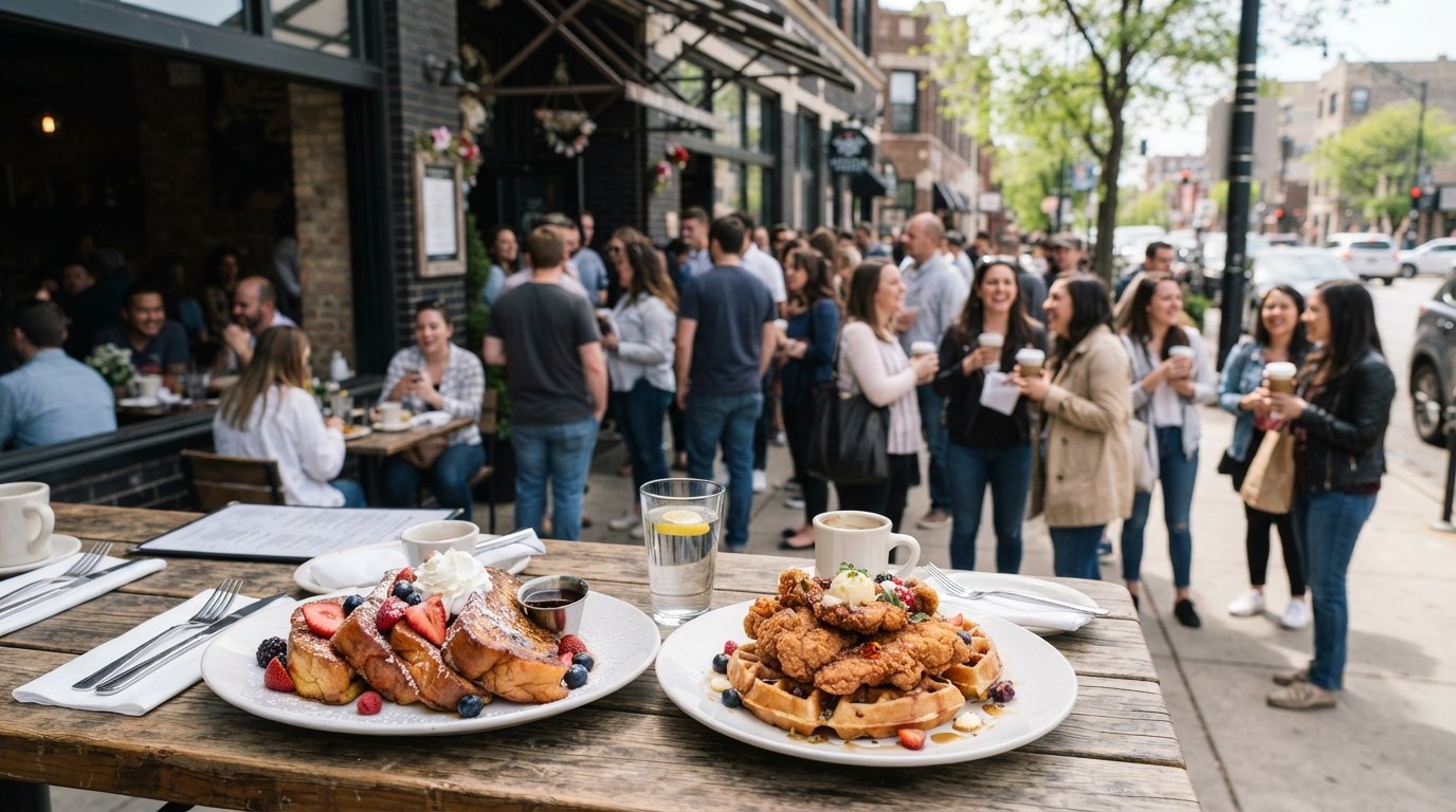Batter & Berries on a busy weekend morning, with the French Toast Flight and chicken-and-waffle plate on the table beside a waiting crowd outside