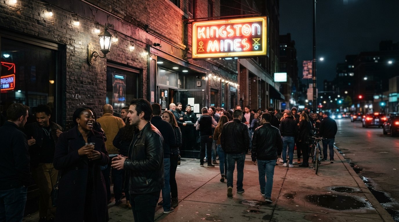 Kingston Mines on N Halsted at night, neon glowing over the entrance as late-night crowds gather outside Chicago’s oldest blues club