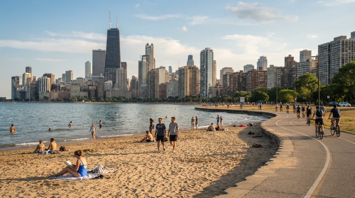 North Avenue Beach with the Chicago skyline stacked behind the sand at late afternoon, Lake Michigan light on the water and the trail curving along the shore