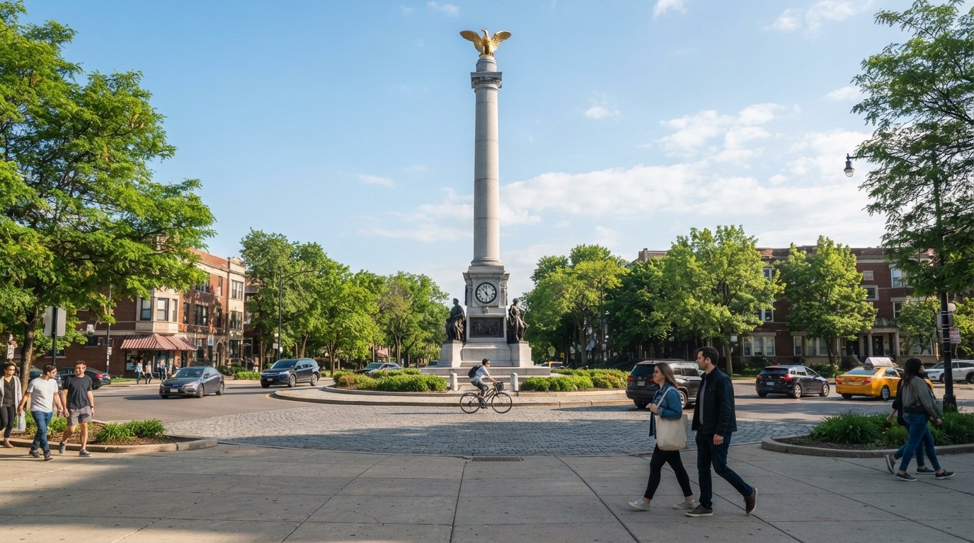 the Illinois Centennial Monument at Logan Square’s traffic circle, eagle-topped Doric column rising over tree-lined boulevards on a bright Sunday morning