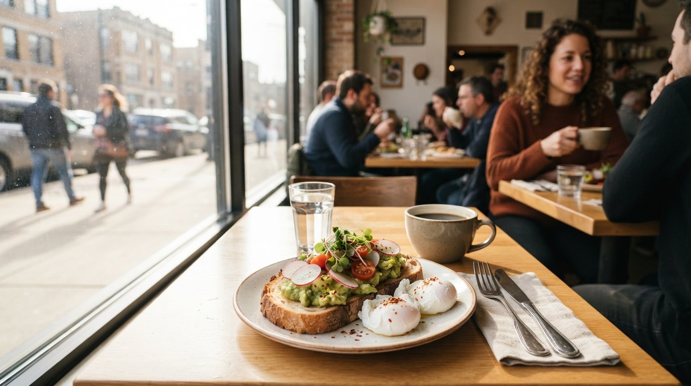 a seasonal breakfast plate at Lula Cafe on Kedzie Blvd, bright produce, toasted bread and coffee on a sunlit table by the window