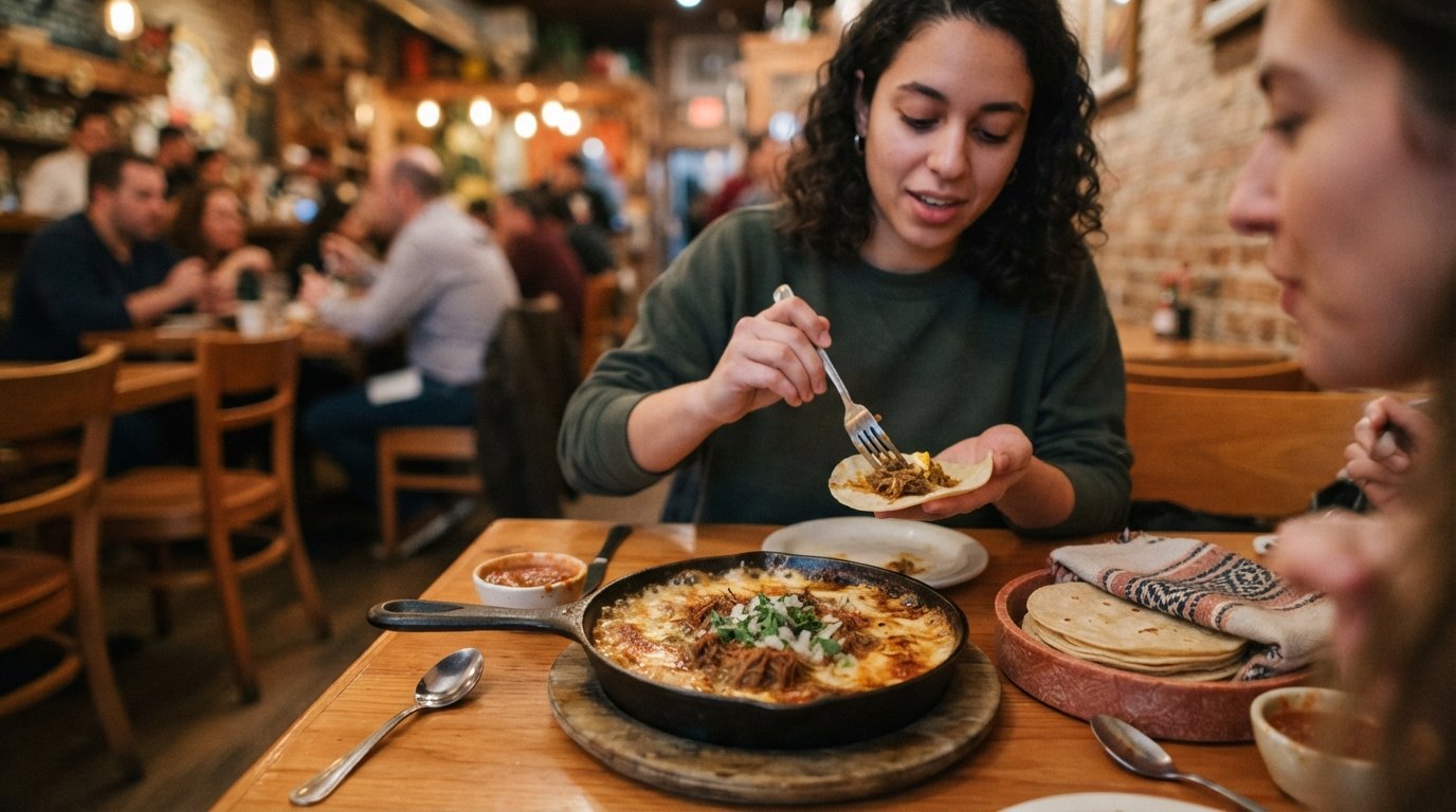 a bubbling skillet of queso fundido with goat birria at Mi Tocaya Antojeria, molten cheese and tortillas on a warmly lit table