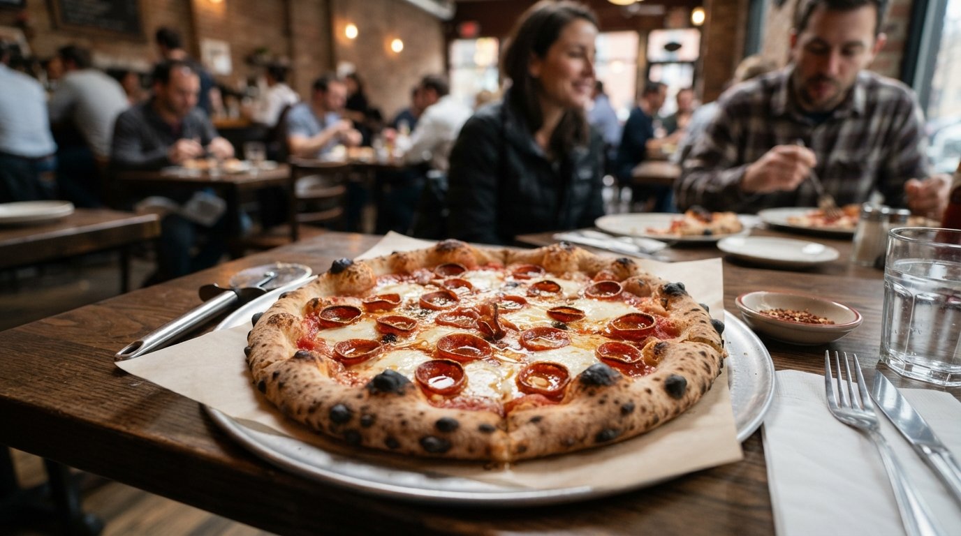 a hot-honey Hellboy pizza at Paulie Gee's, blistered crust with glistening pepperoni and honey catching the light