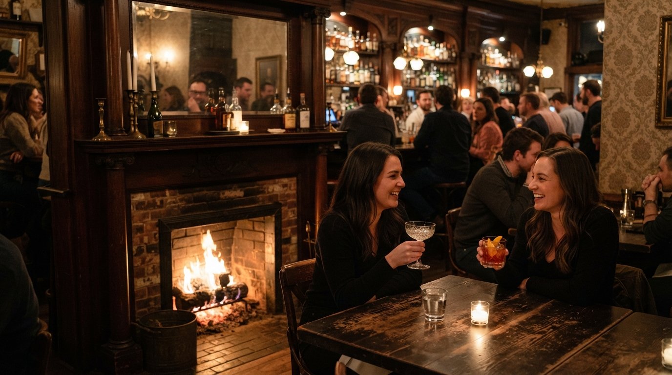 the fireplace-lit interior of Scofflaw on Armitage Ave, Victorian-salon details, cocktail glasses and warm evening glow