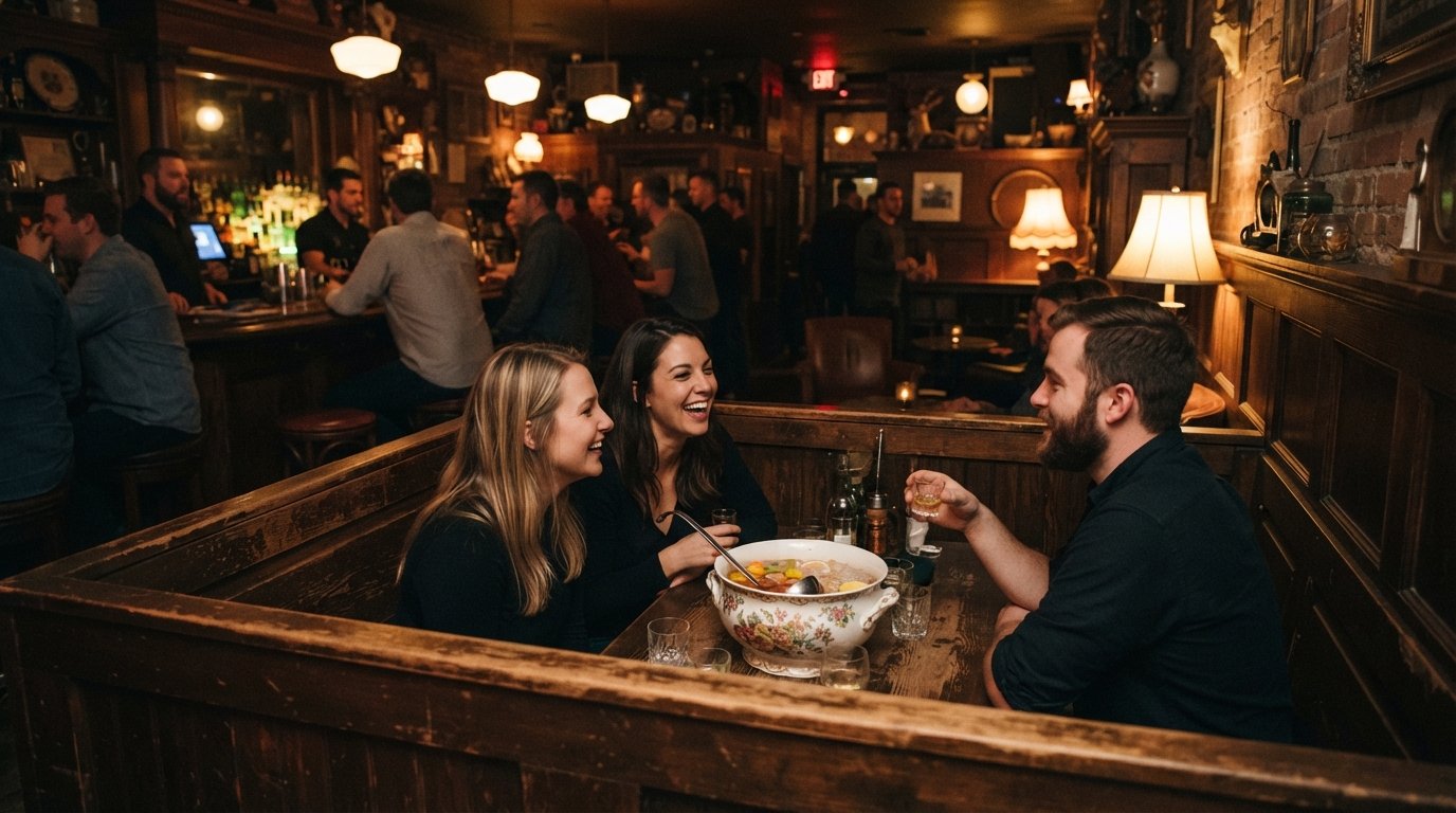 the wood-paneled basement bar of Punch House under Thalia Hall, with shared punch bowls and low retro lighting in Pilsen