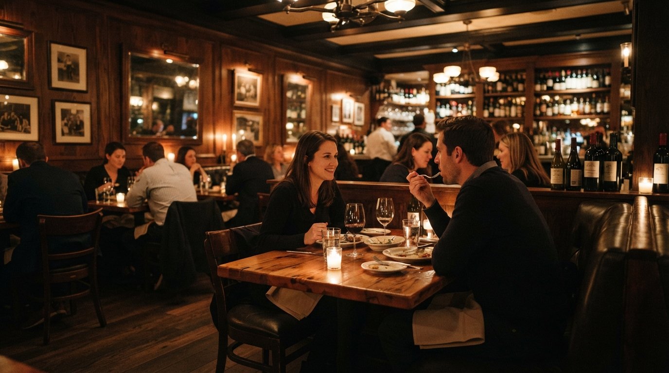 the dim, wood-panelled dining room at Bavette’s Bar & Boeuf, candlelit tables and a polished steakhouse glow