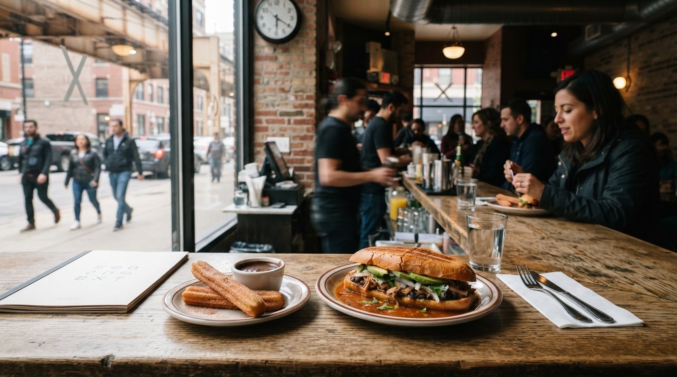 a plate of tortas and thick hot chocolate at Xoco, with churros beside it on a counter by the Clark Street entrance