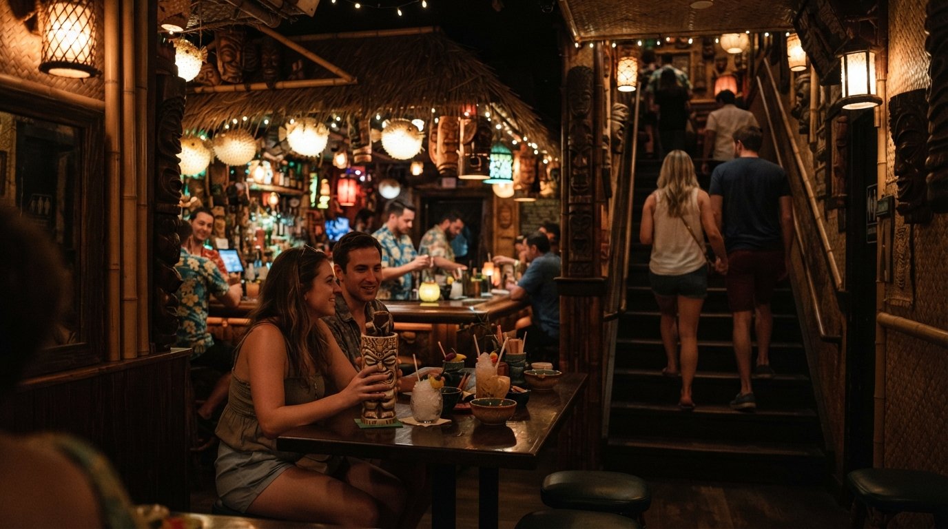 the subterranean tiki bar Three Dots and a Dash, with carved mugs, warm low lighting and the alley entrance off Clark Street