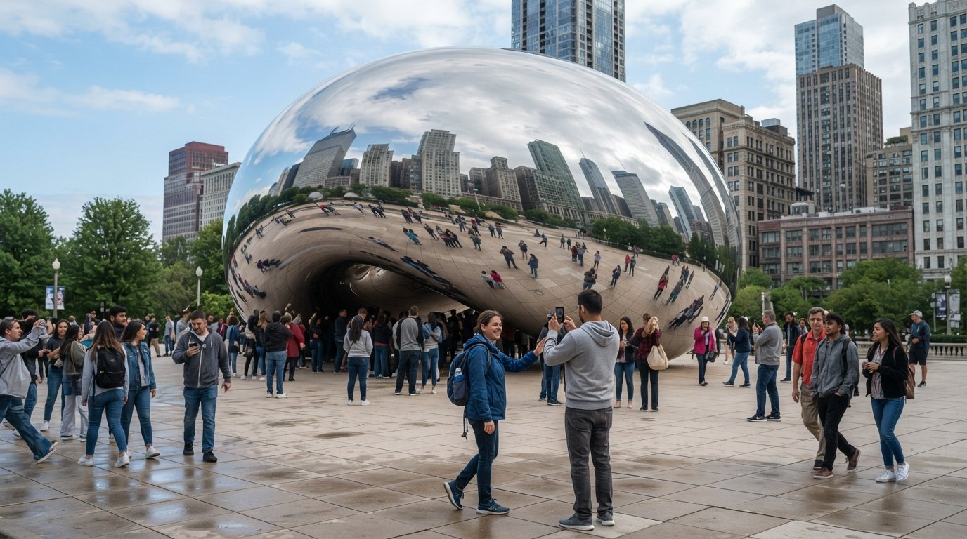 Cloud Gate a Millennium Park che riflette lo skyline di Chicago alla luce del giorno, visitatori radunati intorno al Bean specchiato sulla piazza
