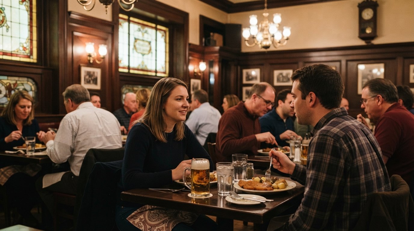 La sala da pranzo classica del Berghoff al 17 W Adams, legno caldo, bicchieri da birra e piatti tedeschi sotto luci storiche