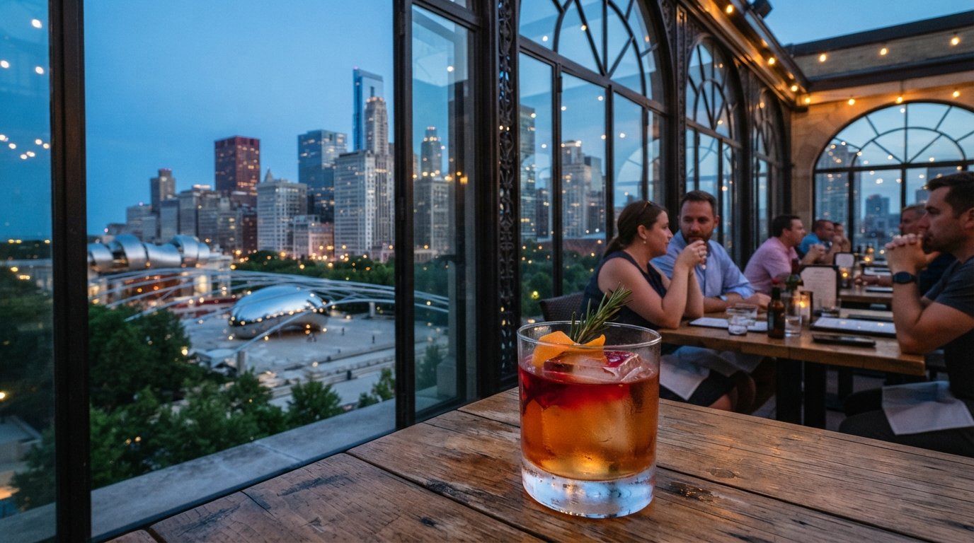 Un cocktail al Cindy's al 13° piano con Millennium Park e Cloud Gate visibili sotto attraverso le finestre del rooftop al crepuscolo