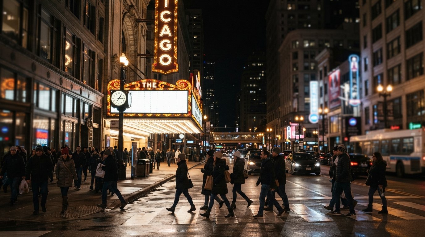 Il tendone del Chicago Theatre che brilla su State Street di notte, pedoni che attraversano sotto l'insegna storica