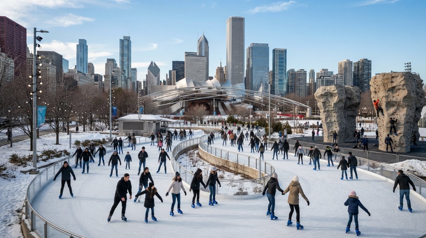 La pista di pattinaggio sinuosa e l'area di arrampicata del Maggie Daley Park accanto a Millennium Park in una luminosa giornata invernale