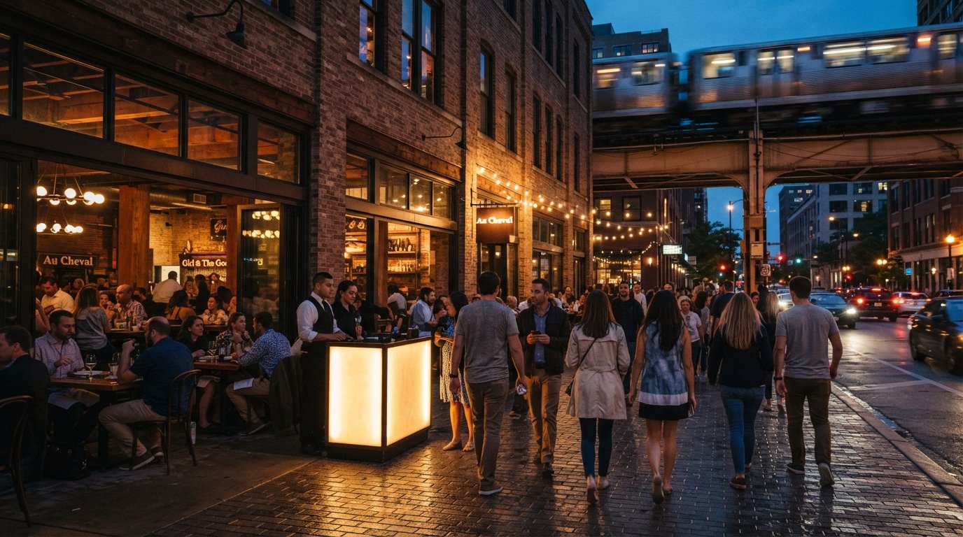 Randolph Street Restaurant Row in West Loop at dusk, rust-brown warehouse facades packed with diners, glowing host stands and the Green Line tracks implied overhead