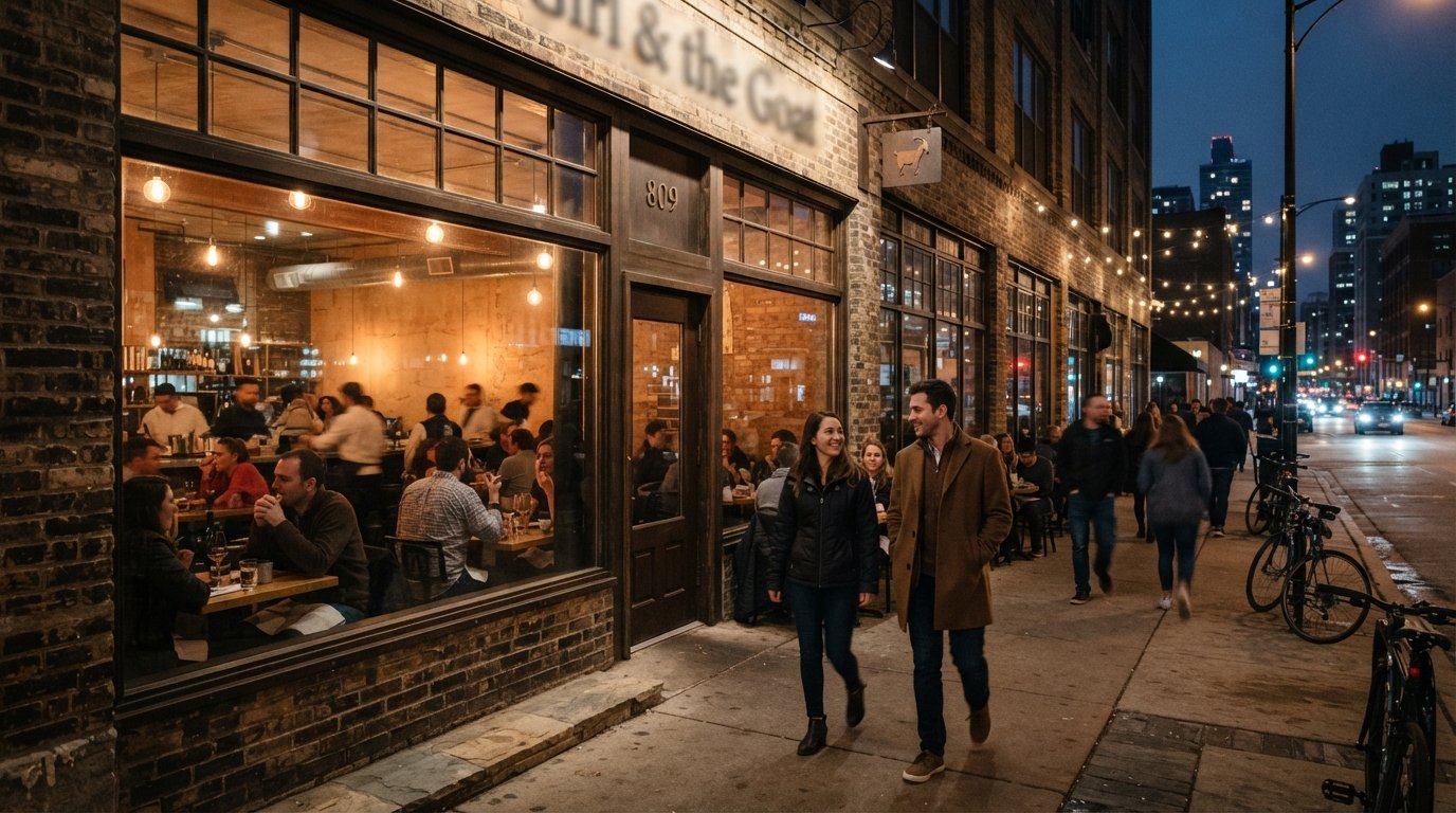 Girl & the Goat on West Randolph in Chicago, warm window light spilling onto the sidewalk outside the restaurant’s brick facade at dinner hour