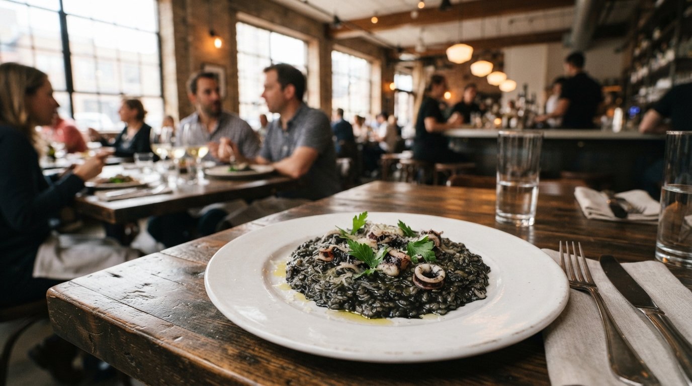 a plated crni rizot at Rose Mary in Fulton Market, glossy squid-ink risotto on a white plate with a clean, modern dining-room blur behind it