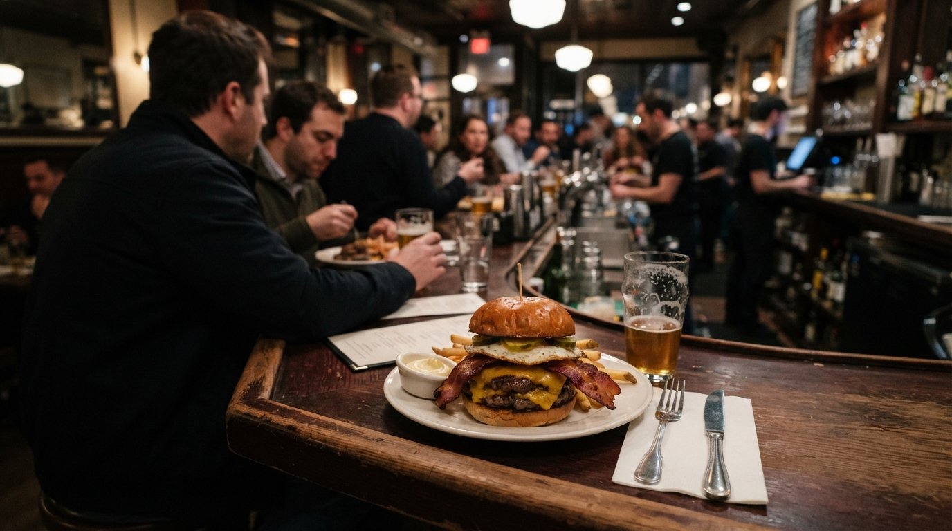 the Au Cheval bar counter on West Randolph, a burger plate with thick bacon and melted cheese beside a busy diner room at night