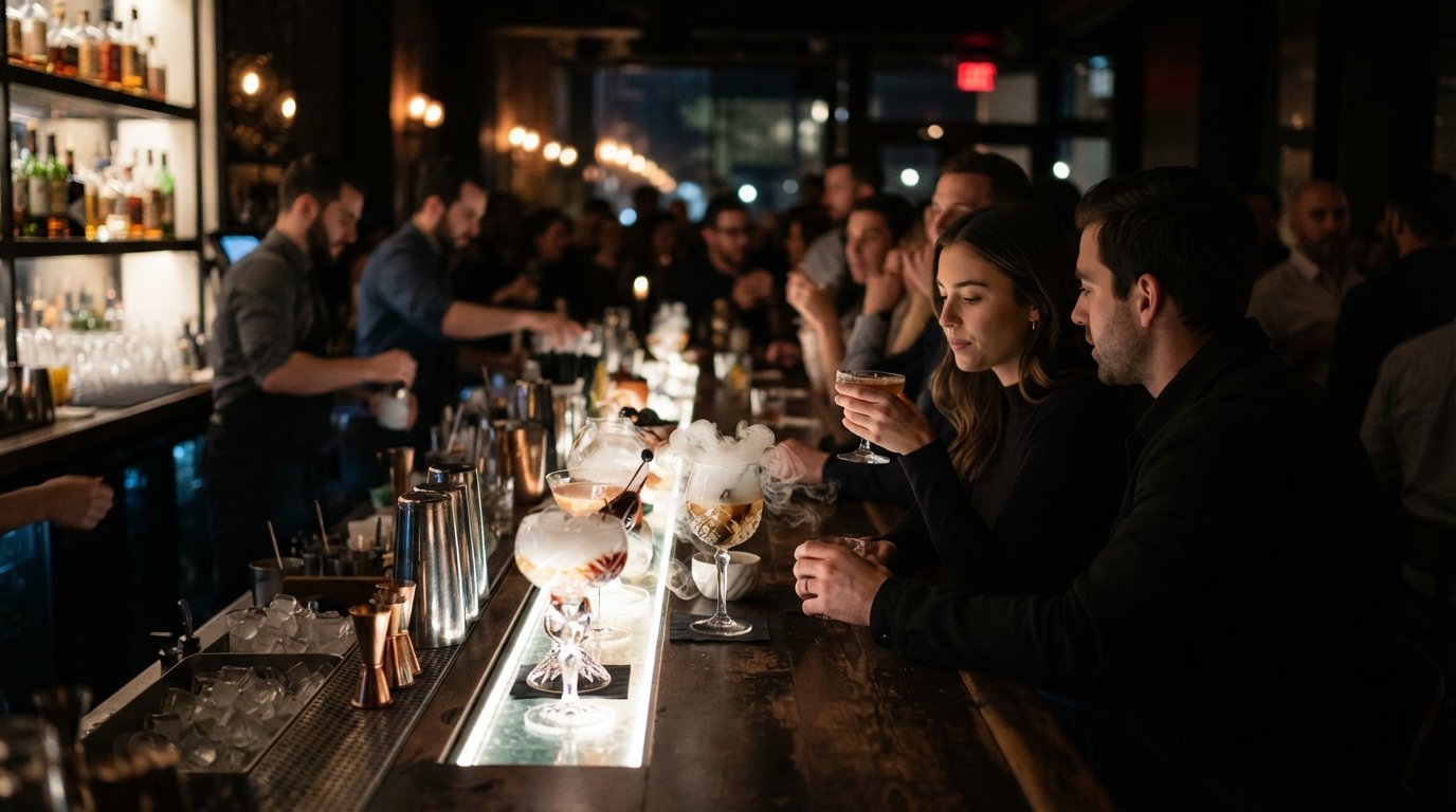 The Aviary in Fulton Market at night, dramatic cocktail glasses lit from below with smoke and reflections across the bar