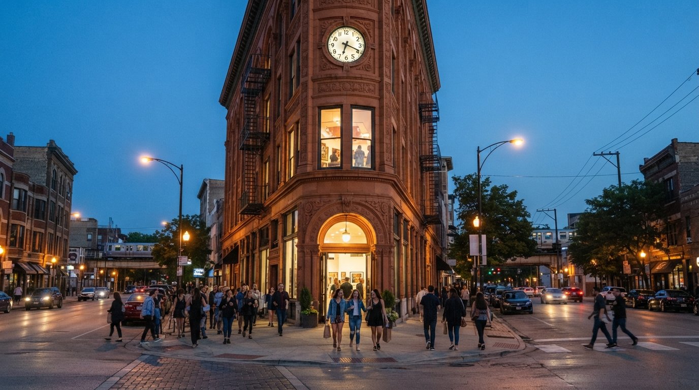 the wedge-shaped Flat Iron Arts Building at Six Corners on Milwaukee Avenue, its historic facade and studio windows lit in the evening as people arrive for first Friday open studios