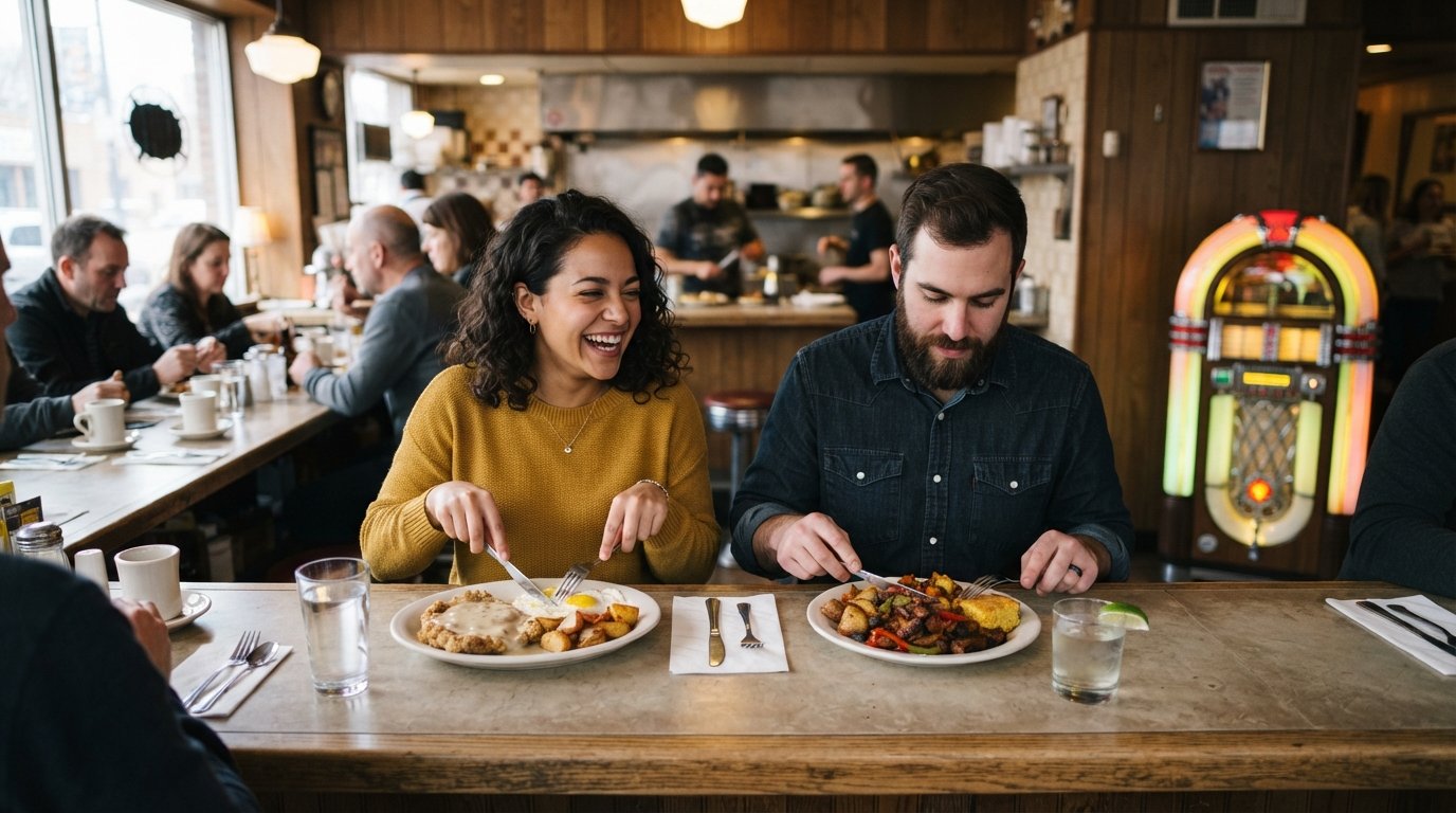 the counter seating inside Dove’s Luncheonette on Damen Avenue, plates of chicken-fried steak and brisket-and-burnt-ends hash beside a mezcal pour and a glowing jukebox