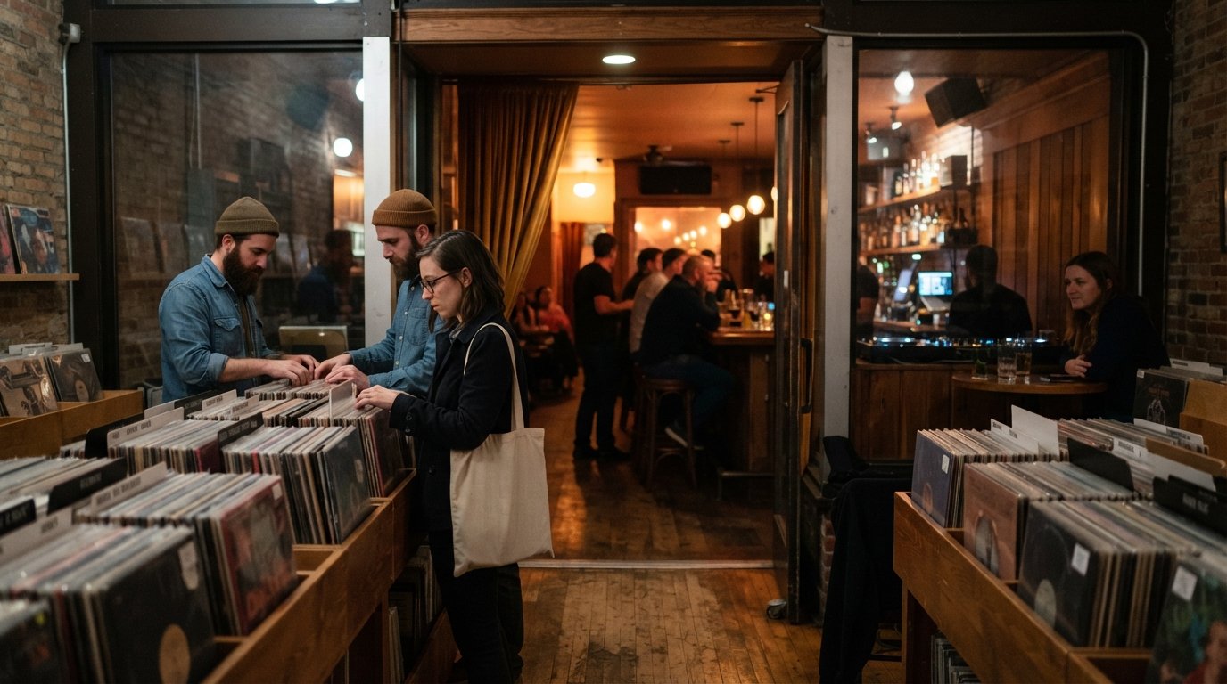 the entrance to Dorian’s Through The Record Shop on North Avenue, record bins in the foreground and the hi-fi listening bar glowing softly beyond