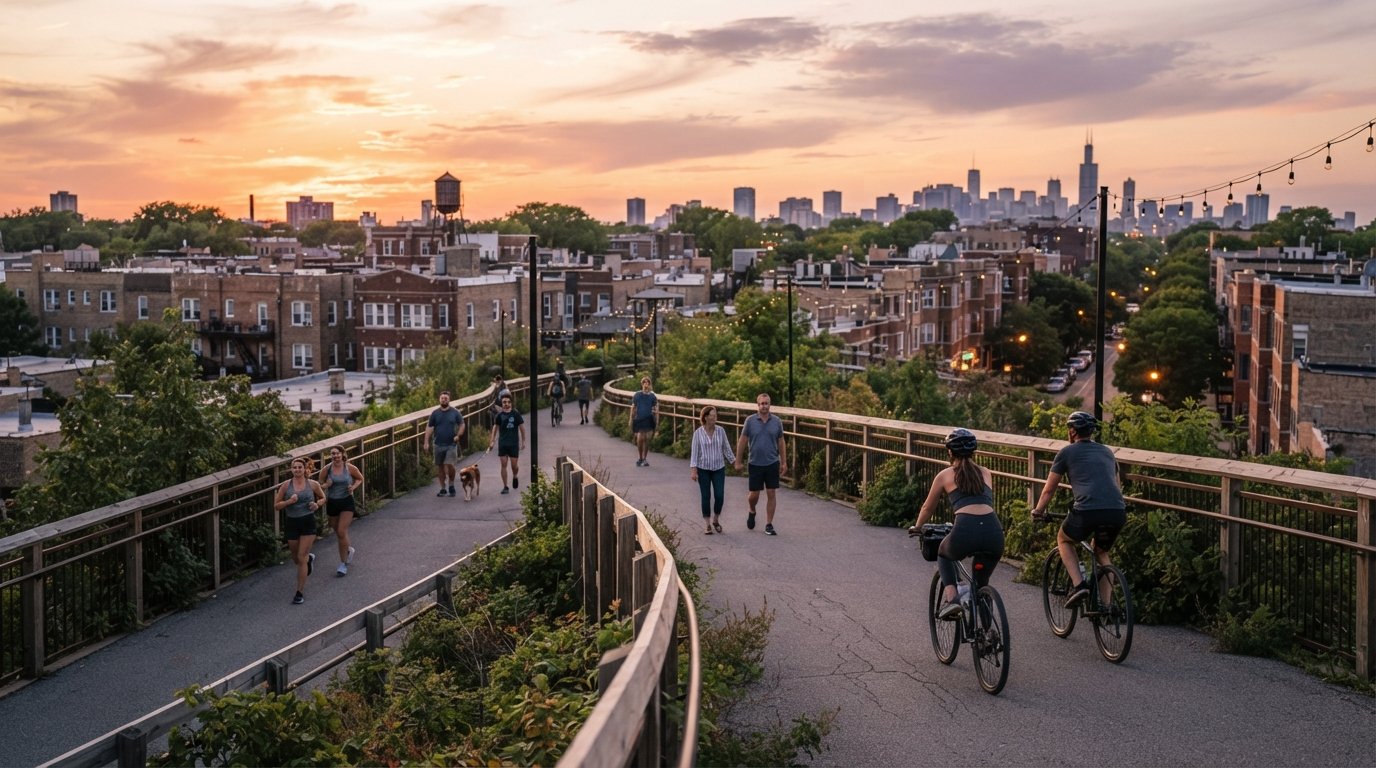 sunset on The 606 elevated trail above Bucktown, cyclists and walkers moving along the greenway with low rooftops and warm sky beyond