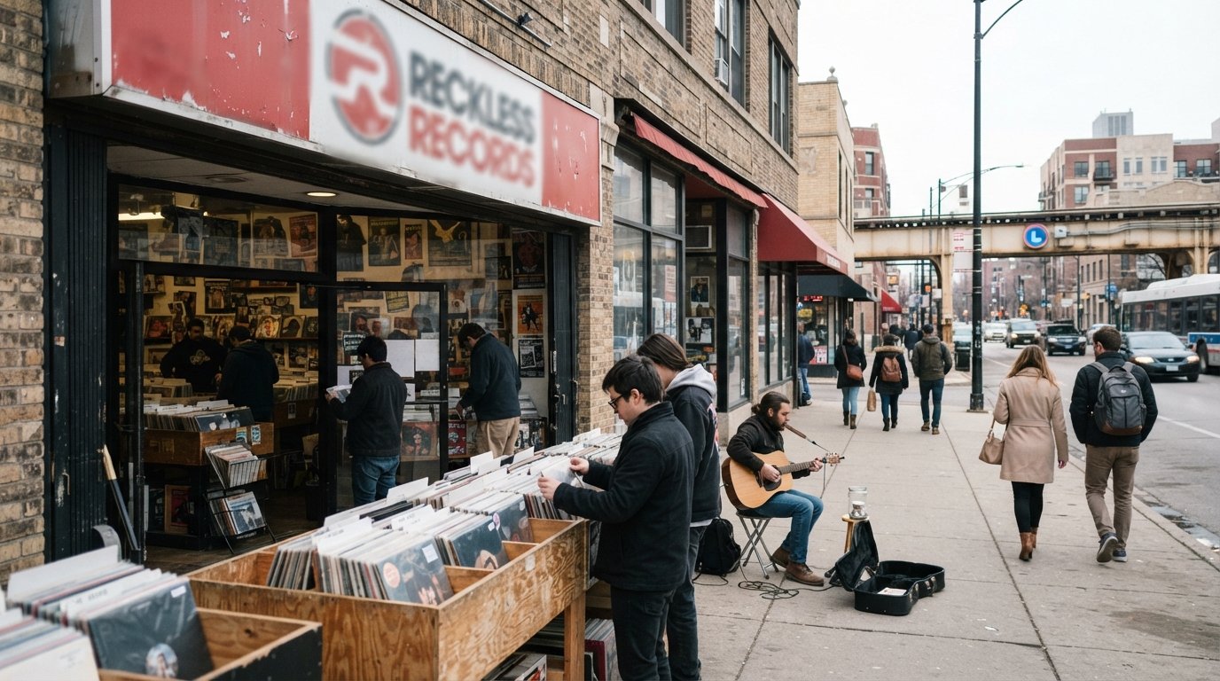 the used-vinyl bins and storefront of Reckless Records on Milwaukee Avenue, with pedestrians and buskers passing the shop at street level